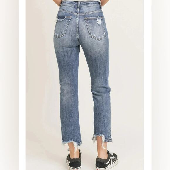 Risen Denim Straight Leg Distressed Chewed Accent Jeans | Medium Blue | 30/11 - Picture 2 of 9